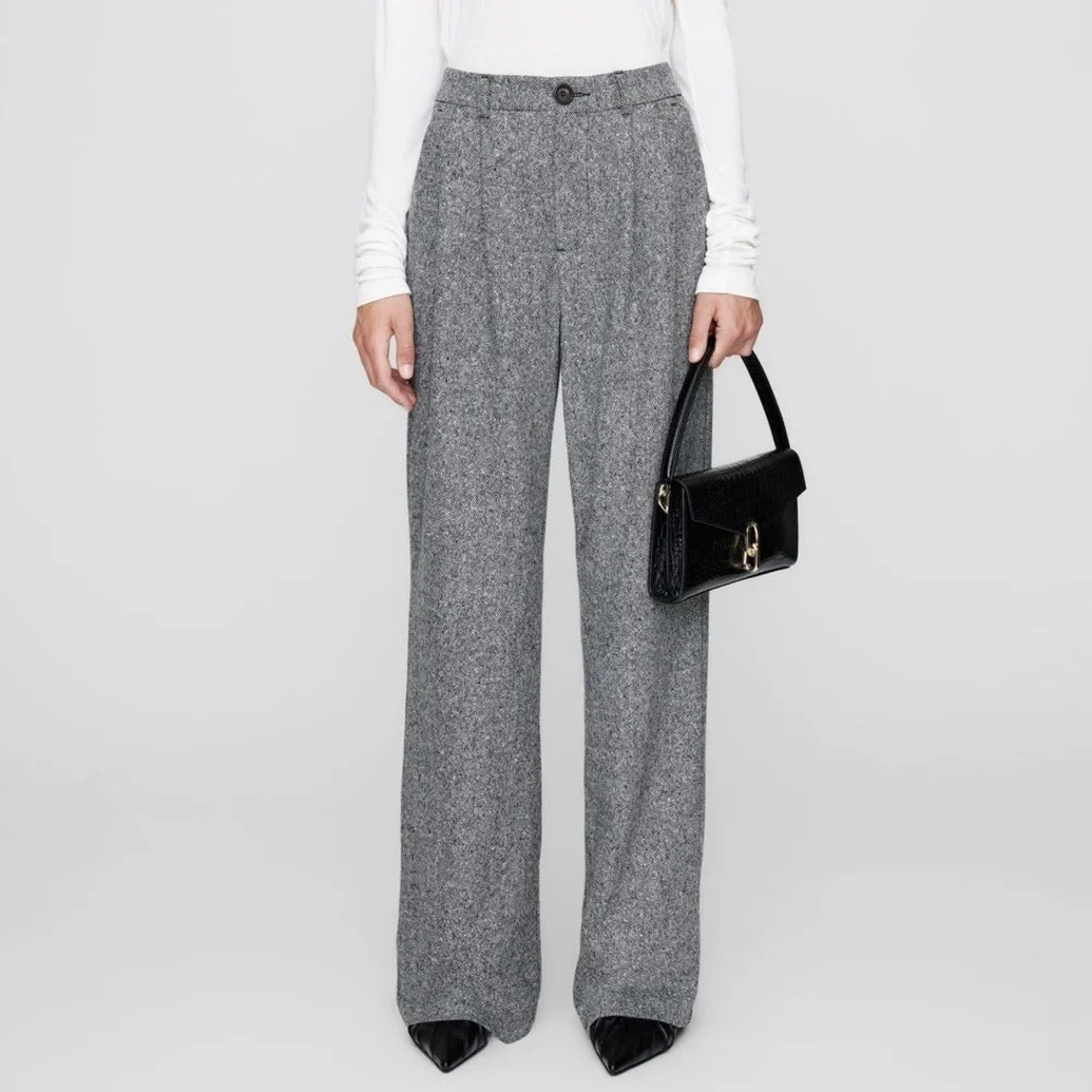 Anine Bing Pants Carrie Wool‎ Wideleg Trousers Black White Sz Xs 2